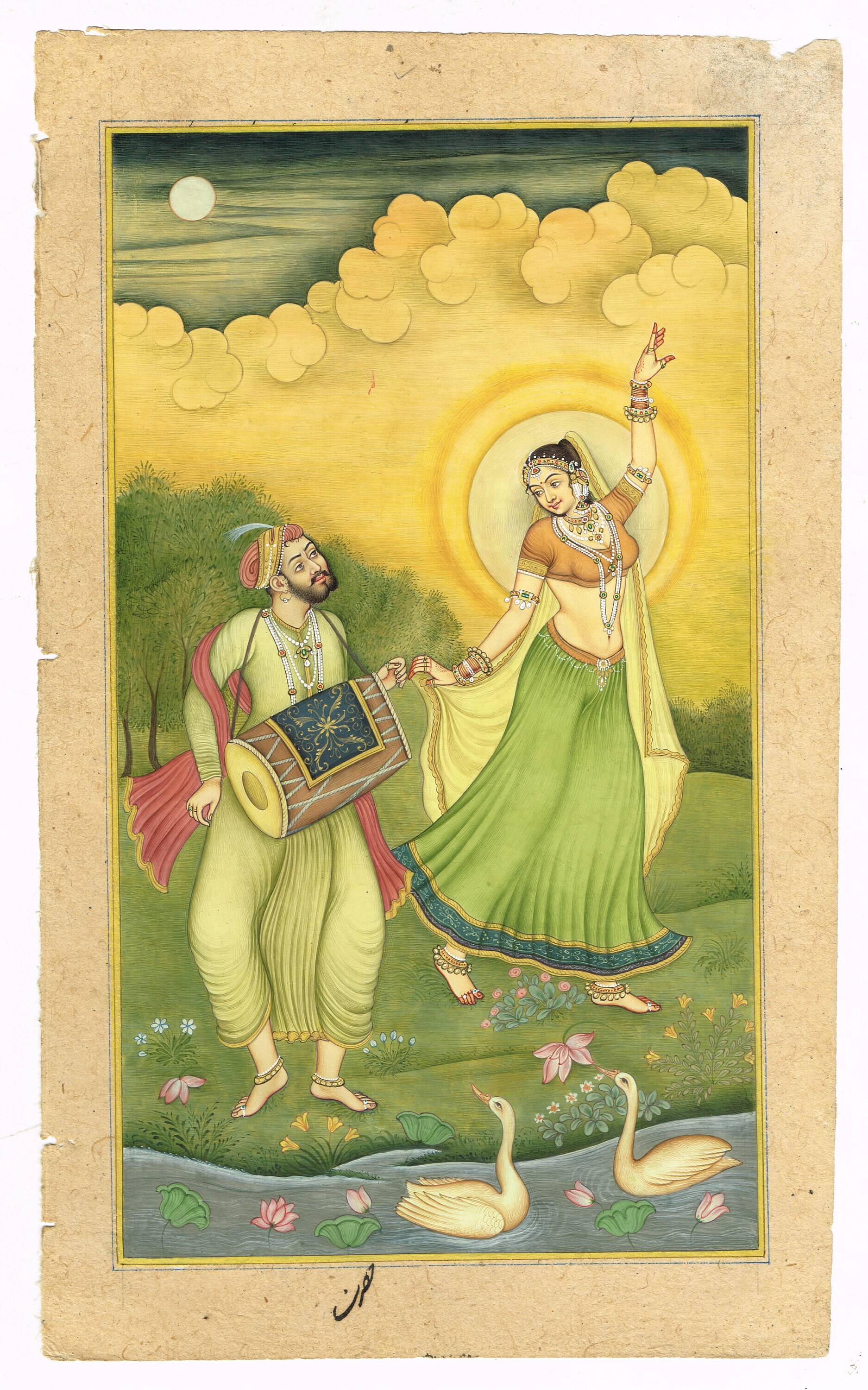Mughal Miniature Painting: Musician and Dancing Girl, Stone Color