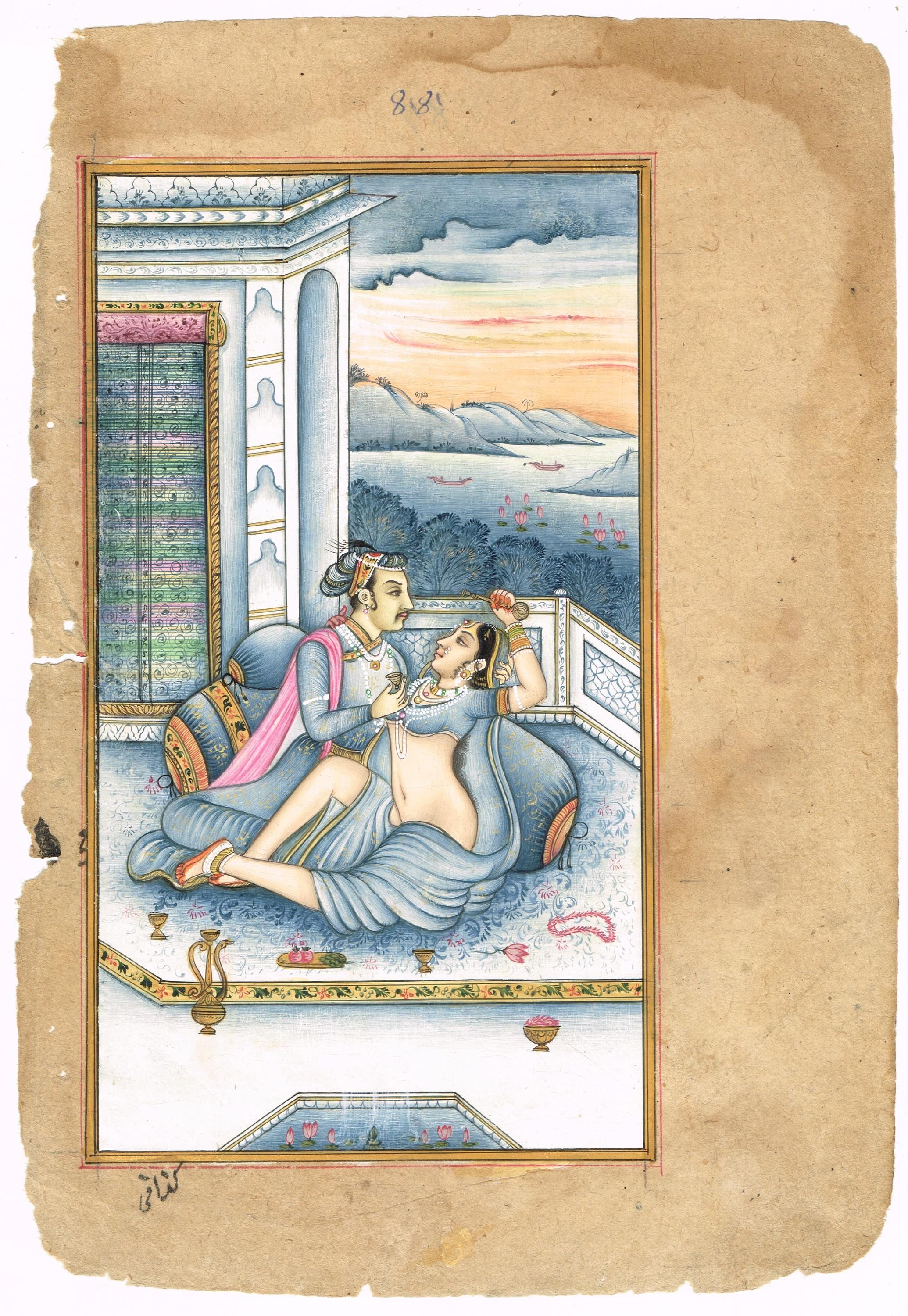 Mughal Miniature Painting: Emperor & Empress Love Scene, Indian Vintage Art (6x8.5 Inches)