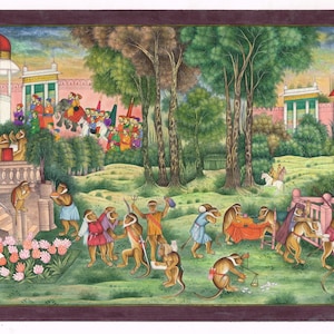 Hand Miniature Painting Of Monkey (ape) Market Scene Art On Paper 12.5x9 Inches | Vintage Monkey Painting For Wall Gifting | Animal Art
