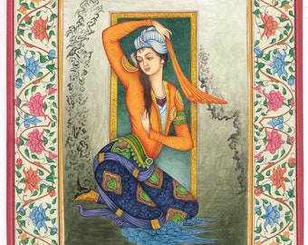 Handmade Persian Miniature Painting: Women Portrait Art (10x13 Inches)