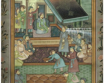 Hand Miniature Vintage Art Painting Of Persian Court Scene Fine Art On Silk Cloth 15.5x21.5 Inches | Handmade Persian Art Painting For Wall