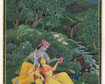 Handmade Radha Krishna Painting: Hindu God Art on Plate (6x9 Inches)