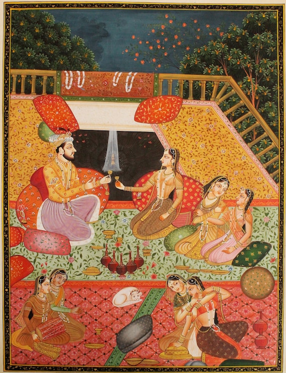 インドネシアジャワ島の絵画王様と王妃様 インドの細密画：王と王妃の愛の情景、メーワール・ハーレム・アート