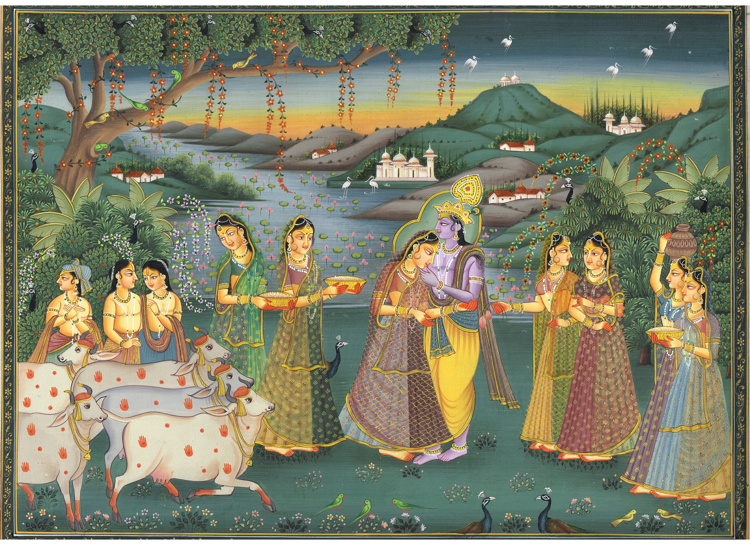Radha Krishna Painting: Hindu Love Art with Gopis, Real Gold Detail…