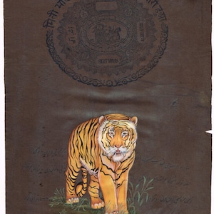 Hand Miniature Painting Of Tiger Wildlife Ethnic Art On Old Stamp Paper 9x13 Inches | Indian Vintage Animal Art Painting For Wall Hanging