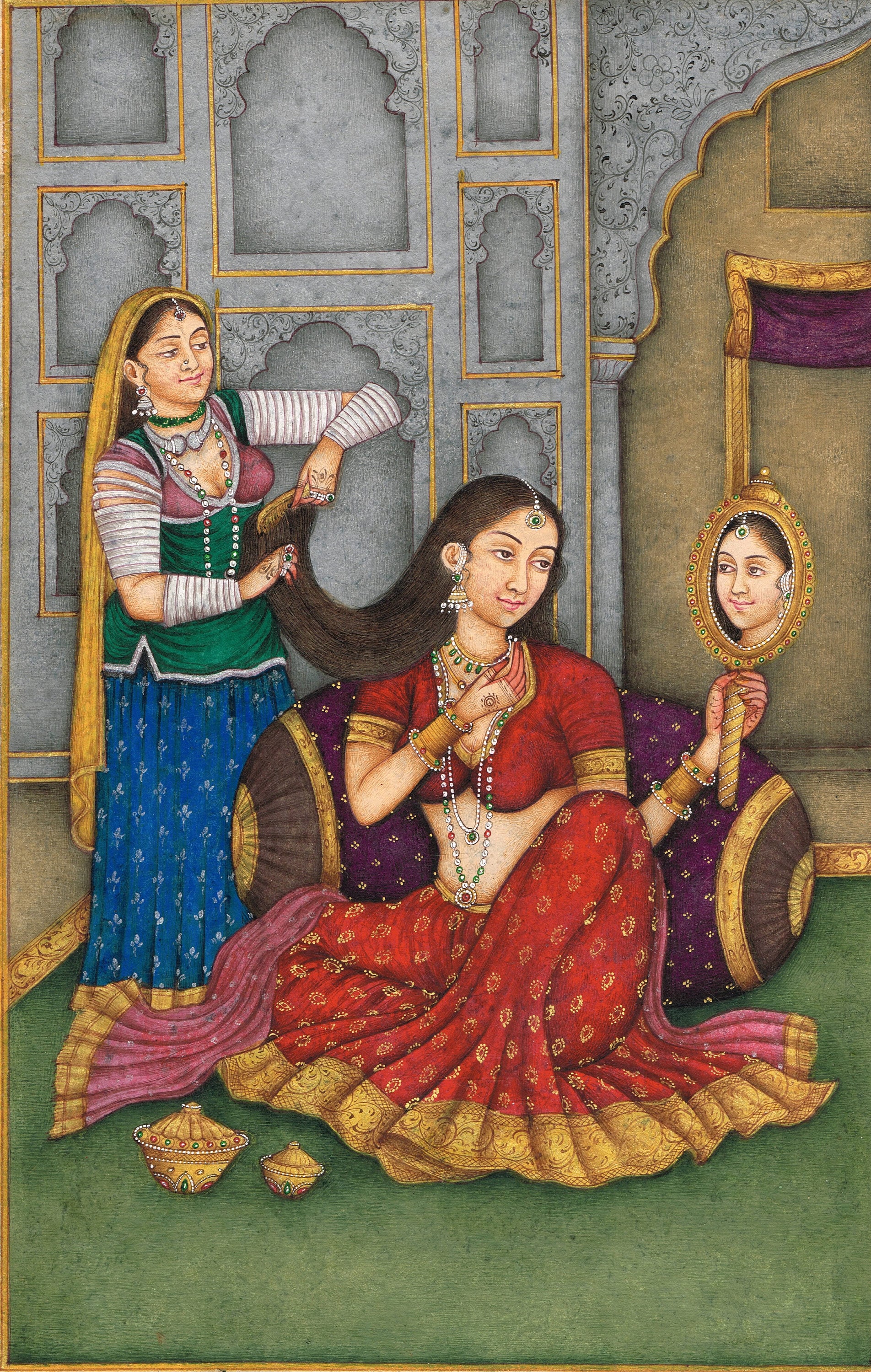 インド　ミニアチュール画　サインあり　伝統的な女性の絵画 アンティーク インド ミニアチュール画 サインあり 伝統的な女性の絵画