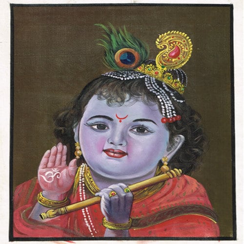 手作りのラーダー・クリシュナ絵画：シルクに描かれたインドの