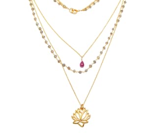 Lotus Pink Jade Labradorite Necklace: 22k Gold Plated Brass, Gifts For Her