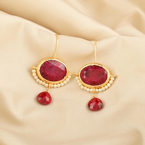 Ruby Pearl Drop Dangle Earring, Elegant Vintage Style 22k Gold Plated Handmade Earrings, Women&#39;s Jewelry, Gifts For Her, Gifts For Mom