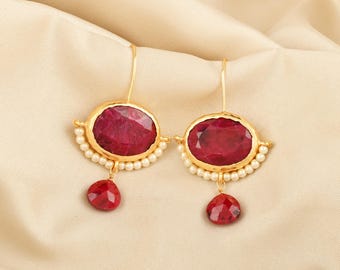 Ruby Pearl Drop Dangle Earring, Elegant Vintage Style 22k Gold Plated Handmade Earrings, Women&#39;s Jewelry, Gifts For Her, Gifts For Mom
