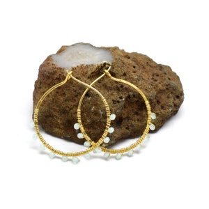 Aqua Chalcedony earrings brass earrings, hoop earrings, gold plated earrings, gifts for her, gifts jewelry, party jewelry, Mother's Day Gift image 2