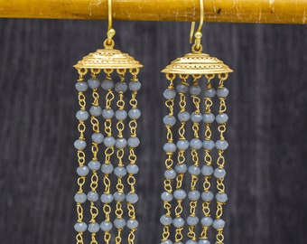Chalcedony fringe earring, beaded fringe earring, Brass gold plated jewelry, Elegant style earring, handmade jewelry Mother's Day Gift