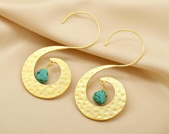 Pendientes de latón con ónix y turquesa hechos a mano, joyería chapada en oro para mujer, regalos para ella.