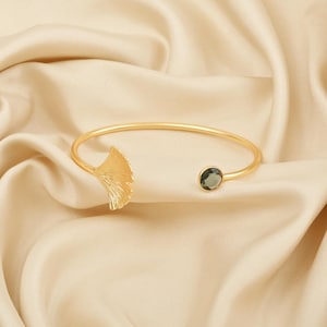 Biloba-Ginkgo leaf Bracelet Blue Topaz Gold Plated Brass Handmade Adjustable Bangle, Gifts For Her, Women&#39;s Jewelry, Anniversary Gifts
