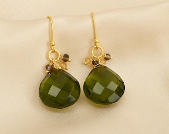 Pendientes colgantes de turmalina verde, pendientes ahumados de citrino chapados en oro de 22k, joyería de piedras preciosas para mujer.