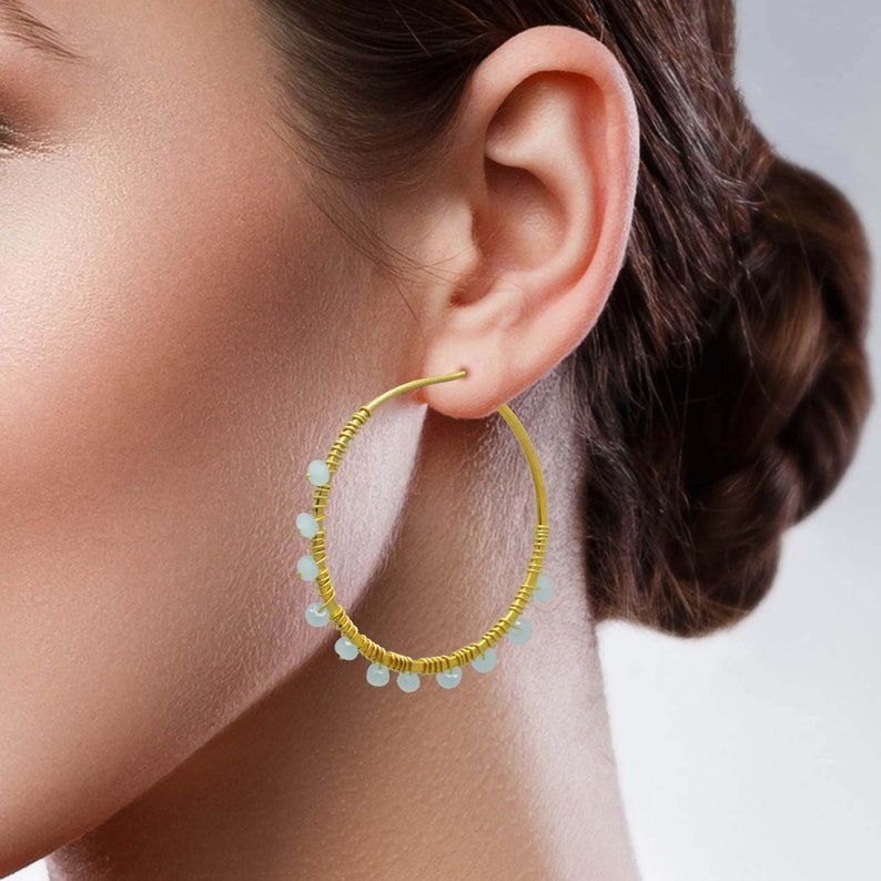 Aqua Chalcedony earrings brass earrings, hoop earrings, gold plated earrings, gifts for her, gifts jewelry, party jewelry, Mother's Day Gift image 4