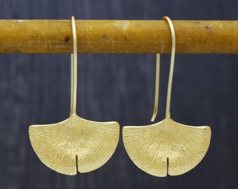 Handcrafted Ginkgo Leaf Dangle Earrings in Brass with 22k Gold Plating - Symbol of Hope and Love, Best Mother's Day Gift