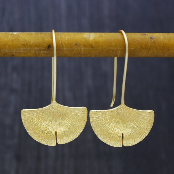 Handcrafted Ginkgo Leaf Dangle Earrings in Brass with 22k Gold Plating - Symbol of Hope and Love, Best Mother's Day Gift