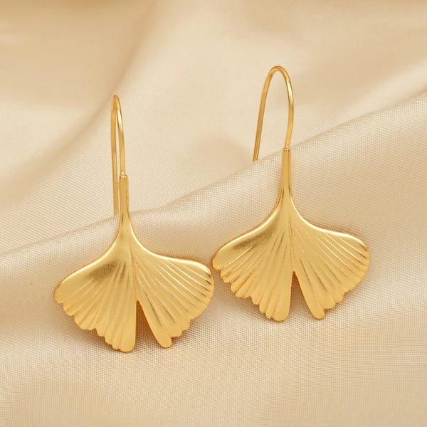 Biloba-Ginkgo Blatt Baumeln Ohrringe, Messing Handgemachter Schmuck, Art Deco Ohrringe, Gold Ohrring Für Frauen