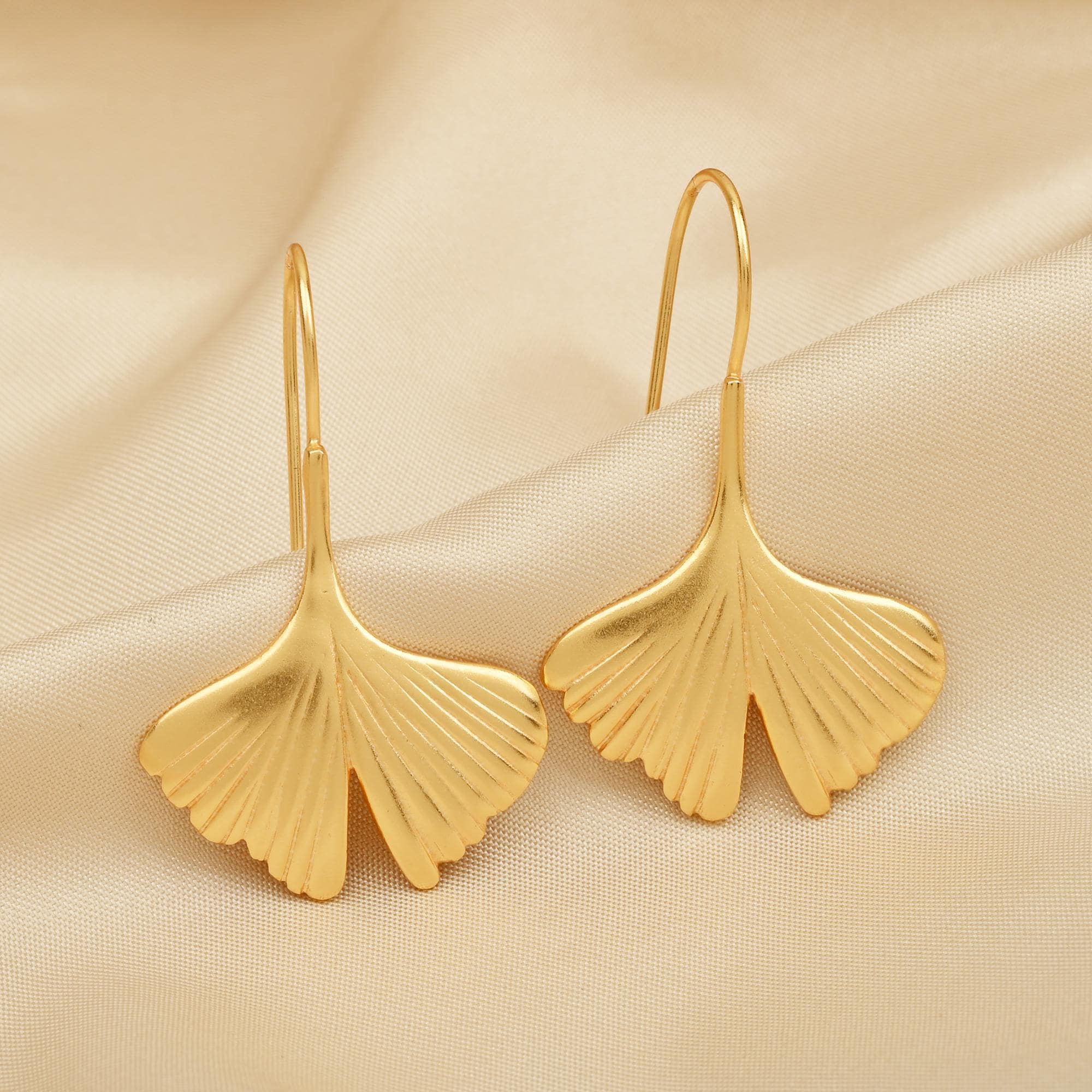 Gold Plated Brass Ginkgo Leaf Dangle Earrings: Art Deco Jewelry