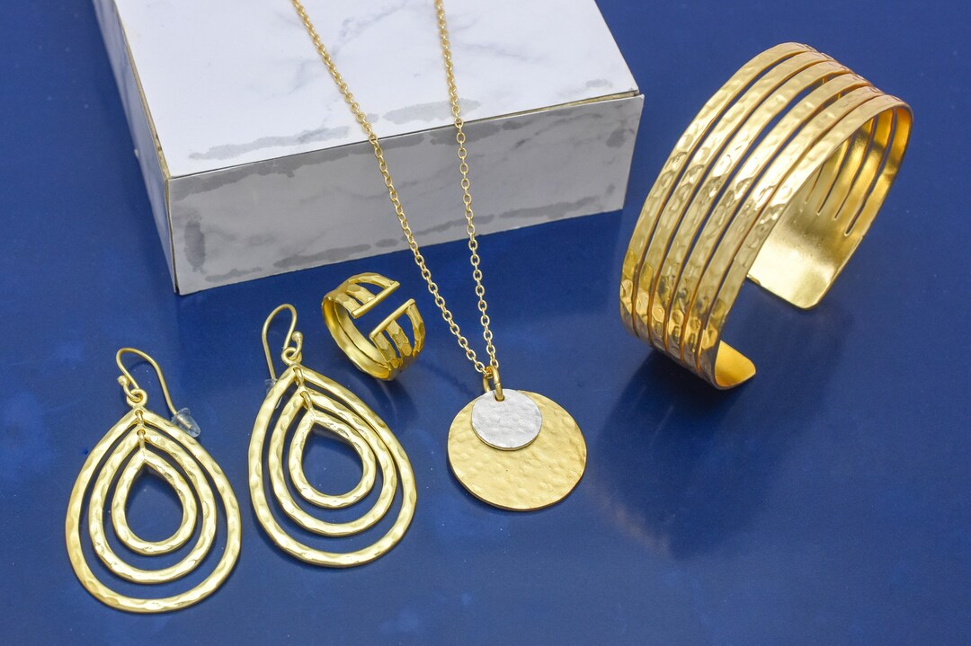 Handmade Hammered Brass Jewelry, Hammered Earring, Necklace, Cuff