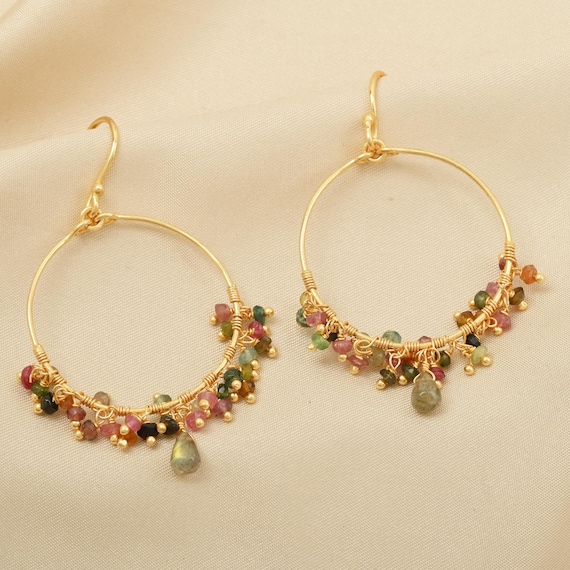 Labradorite, Multi Tourmaline beaded Earrings, Brass 22k Gold filled Dangle Earrings, Party Wear Jewelry