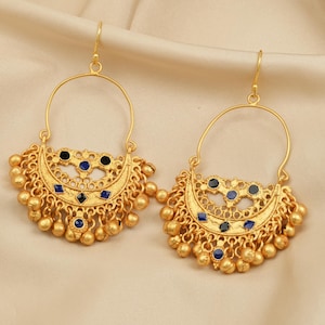 22k Gold Plated Brass Dangle Earrings with Blue & Black Enamel – Ethnic Filigree Jhumka Design – Women Accessory