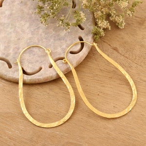 Handmade Hammered Brass Hoop Earrings: 22k Gold Plated Dangle