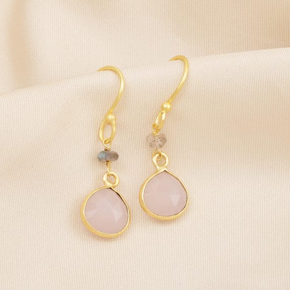 Boucles D'oreilles Clous En Plaqué Or Avec Pierre De Lune Arc-en-ciel - Marque Rose-Mimosa - Neuf Avec étiquettes