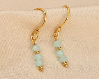 Aqua Chalcy Beads Dangle Earrings, Gemstone Dainty Earring, Brass 22k Gold Plated Earring, Gifts Jewelry, Gifts For Her, Anniversary Gifts