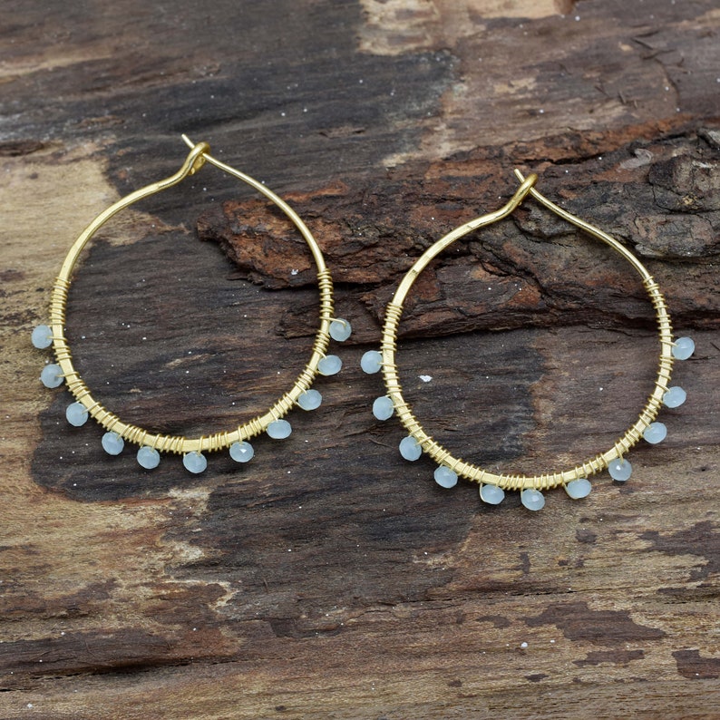 Aqua Chalcedony earrings brass earrings, hoop earrings, gold plated earrings, gifts for her, gifts jewelry, party jewelry, Mother's Day Gift image 1