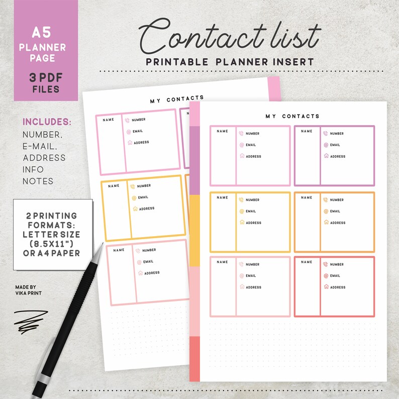 A5 rings Filofax inserts Address Book printable Personal Business contacts page