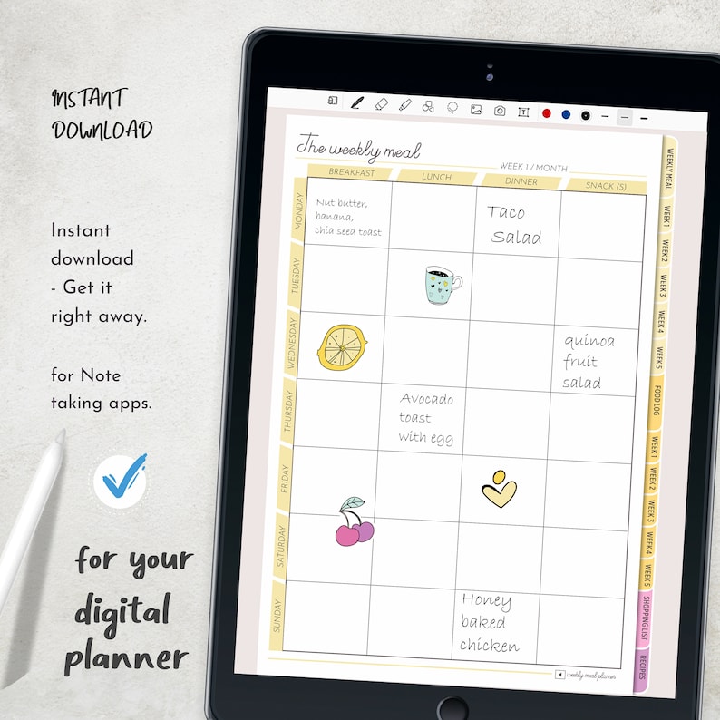 Food Log Noteshelf Weekly Food journal iPad Planner Yellow Myscipt Nebo Meal Planner bundle Digital planner for Goodnotes Food diary