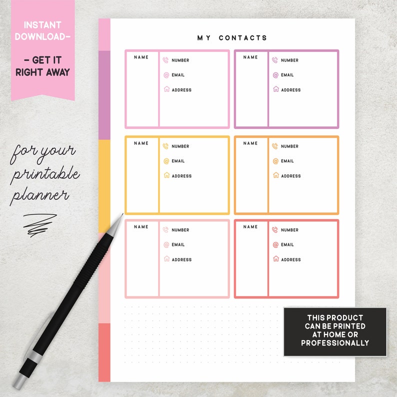 A5 rings Filofax inserts Address Book printable Personal Business contacts page