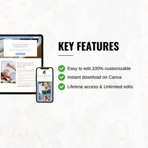 Puede incluir: Una maqueta de una p&aacute;gina de aterrizaje de un sitio web en una pantalla de tableta con una marca de verificaci&oacute;n verde junto al texto "F&aacute;cil de editar, 100% personalizable". El texto "Descarga instant&aacute;nea en Canva" y "Acceso de por vida y ediciones ilimitadas" tambi&eacute;n se enumeran con marcas de verificaci&oacute;n verdes. La p&aacute;gina de aterrizaje del sitio web presenta una foto de una persona leyendo un libro.