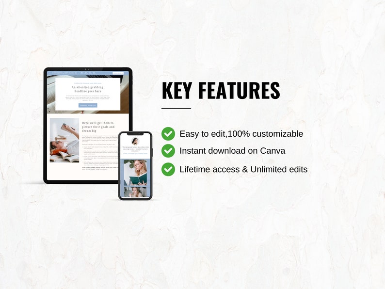 Puede incluir: Una maqueta de una p&aacute;gina de aterrizaje de un sitio web en una pantalla de tableta con una marca de verificaci&oacute;n verde junto al texto "F&aacute;cil de editar, 100% personalizable". El texto "Descarga instant&aacute;nea en Canva" y "Acceso de por vida y ediciones ilimitadas" tambi&eacute;n se enumeran con marcas de verificaci&oacute;n verdes. La p&aacute;gina de aterrizaje del sitio web presenta una foto de una persona leyendo un libro.