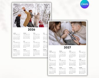 Modello di calendario fotografico 2026-2027 – Regalo per la famiglia, download digitale stampabile da Canva