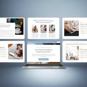 Puede incluir: La pantalla de una computadora port&aacute;til que muestra un sitio web para un curso en l&iacute;nea. El sitio web presenta un esquema de color azul y blanco e incluye un titular que dice "Un titular que llama la atenci&oacute;n va aqu&iacute;". El sitio web tambi&eacute;n incluye un bot&oacute;n que dice "Inscribirse ahora".