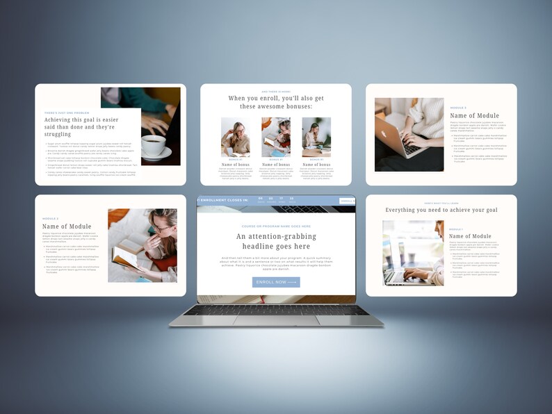 Puede incluir: La pantalla de una computadora port&aacute;til que muestra un sitio web para un curso en l&iacute;nea. El sitio web presenta un esquema de color azul y blanco e incluye un titular que dice "Un titular que llama la atenci&oacute;n va aqu&iacute;". El sitio web tambi&eacute;n incluye un bot&oacute;n que dice "Inscribirse ahora".