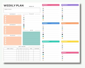 Planner settimanale non datato, monitoraggio delle abitudini, elenco delle cose da fare (PDF stampabile formato A4/US Letter)