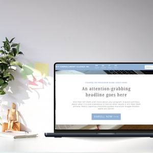 Puede incluir: Una pantalla de computadora port&aacute;til que muestra un sitio web con el texto "RYI ENROLLMENT CLOSES IN: 00 DAYS 00 HOURS 17 MINS 33 SECS" y "COURSE OR PROGRAM NAME GOES HERE". El titular dice "An attention-grabbing headline goes here". Debajo del titular hay un p&aacute;rrafo de texto y un bot&oacute;n que dice "ENROLL NOW".