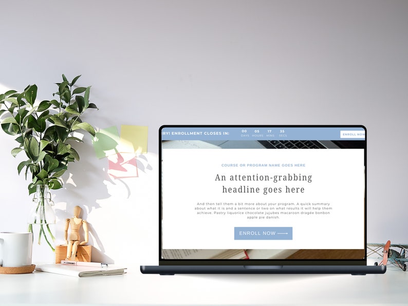 Puede incluir: Una pantalla de computadora port&aacute;til que muestra un sitio web con el texto "RYI ENROLLMENT CLOSES IN: 00 DAYS 00 HOURS 17 MINS 33 SECS" y "COURSE OR PROGRAM NAME GOES HERE". El titular dice "An attention-grabbing headline goes here". Debajo del titular hay un p&aacute;rrafo de texto y un bot&oacute;n que dice "ENROLL NOW".