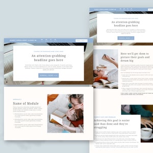 Puede incluir: Una captura de pantalla de un sitio web que muestra una p&aacute;gina de aterrizaje de un curso con una mujer leyendo un libro. La p&aacute;gina presenta un titular que dice "Un titular que llama la atenci&oacute;n va aqu&iacute;" y un bot&oacute;n que dice "Inscribirse ahora". La p&aacute;gina tambi&eacute;n incluye una secci&oacute;n sobre los m&oacute;dulos del curso y una secci&oacute;n sobre los beneficios de tomar el curso.