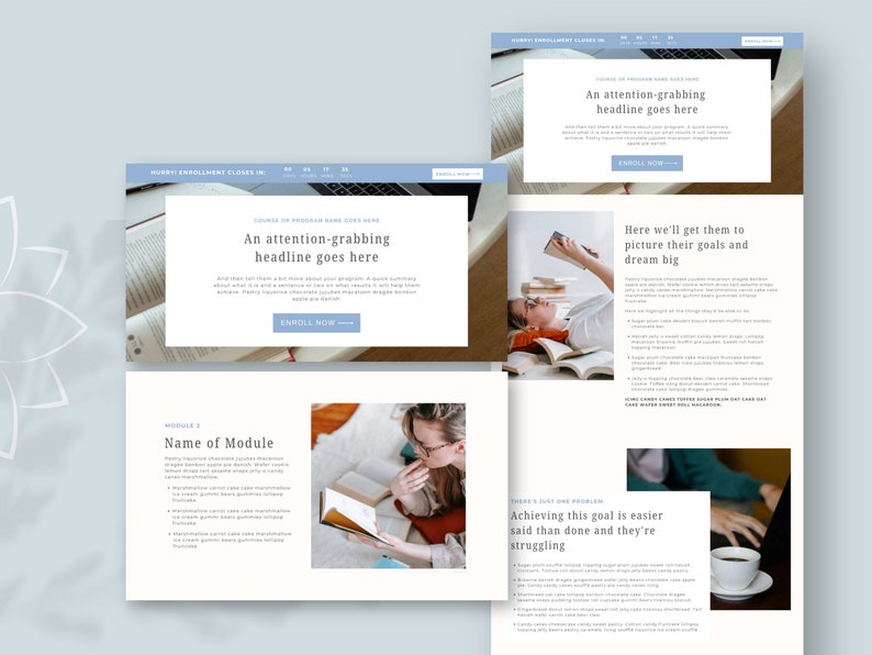 Puede incluir: Una captura de pantalla de un sitio web que muestra una p&aacute;gina de aterrizaje de un curso con una mujer leyendo un libro. La p&aacute;gina presenta un titular que dice "Un titular que llama la atenci&oacute;n va aqu&iacute;" y un bot&oacute;n que dice "Inscribirse ahora". La p&aacute;gina tambi&eacute;n incluye una secci&oacute;n sobre los m&oacute;dulos del curso y una secci&oacute;n sobre los beneficios de tomar el curso.