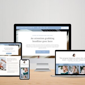 Puede incluir: Una p&aacute;gina de aterrizaje de sitio web con un esquema de color azul y blanco. La p&aacute;gina presenta un titular que dice "Un titular que llama la atenci&oacute;n va aqu&iacute;." y un bot&oacute;n que dice "Inscribirse ahora". La p&aacute;gina tambi&eacute;n incluye un testimonio de un cliente que dice "Este programa me ayud&oacute; a lograr este incre&iacute;ble resultado. No estar&iacute;a aqu&iacute; sin &eacute;l."