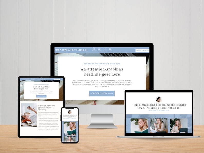 Puede incluir: Una p&aacute;gina de aterrizaje de sitio web con un esquema de color azul y blanco. La p&aacute;gina presenta un titular que dice "Un titular que llama la atenci&oacute;n va aqu&iacute;." y un bot&oacute;n que dice "Inscribirse ahora". La p&aacute;gina tambi&eacute;n incluye un testimonio de un cliente que dice "Este programa me ayud&oacute; a lograr este incre&iacute;ble resultado. No estar&iacute;a aqu&iacute; sin &eacute;l."