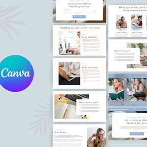 Puede incluir: Una plantilla de presentaci&oacute;n de Canva con un esquema de color azul y blanco. La plantilla presenta un titular que dice "Un titular que llama la atenci&oacute;n va aqu&iacute;". La plantilla tambi&eacute;n incluye im&aacute;genes de personas trabajando en port&aacute;tiles y una lista de beneficios. El texto "Cuando te registres, tambi&eacute;n obtendr&aacute;s estas incre&iacute;bles bonificaciones" tambi&eacute;n est&aacute; incluido.