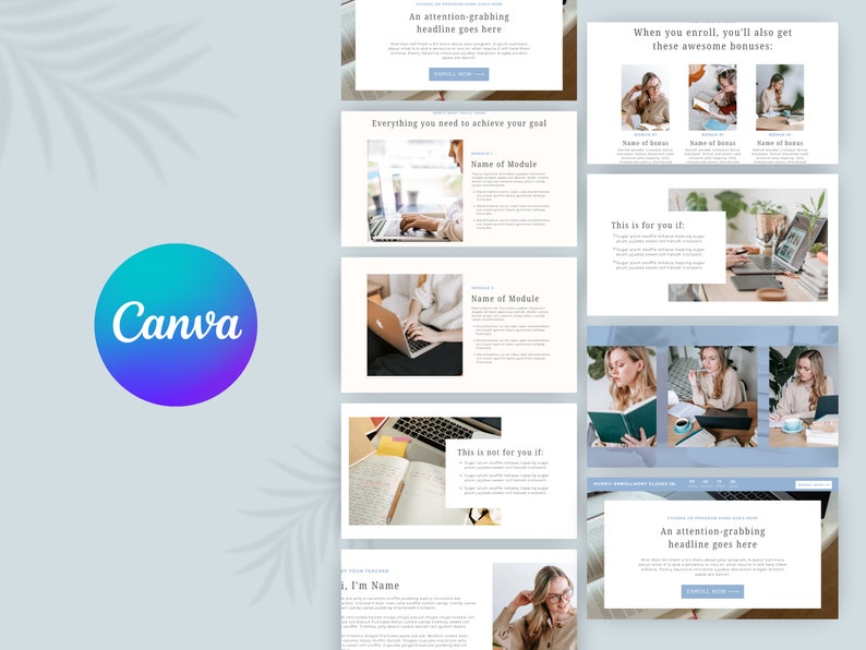 Puede incluir: Una plantilla de presentaci&oacute;n de Canva con un esquema de color azul y blanco. La plantilla presenta un titular que dice "Un titular que llama la atenci&oacute;n va aqu&iacute;". La plantilla tambi&eacute;n incluye im&aacute;genes de personas trabajando en port&aacute;tiles y una lista de beneficios. El texto "Cuando te registres, tambi&eacute;n obtendr&aacute;s estas incre&iacute;bles bonificaciones" tambi&eacute;n est&aacute; incluido.