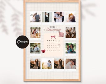 Calendario collage fotografico personalizzato, regalo per il primo anniversario (modello Canva scaricabile digitalmente)