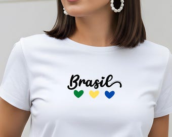 Brasil Script Cursive Unisex T Shirt, Brazilian Flag Colors Cotton Tee, Brazil Heart Graphic Top, South America Pride Outfit
